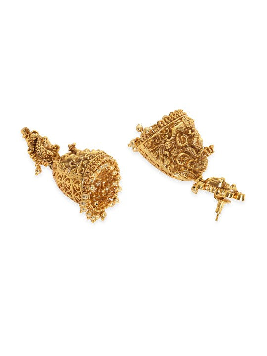 Gold-Plated Cubic Zirconia Studded & Beaded Temple Necklace With Earrings