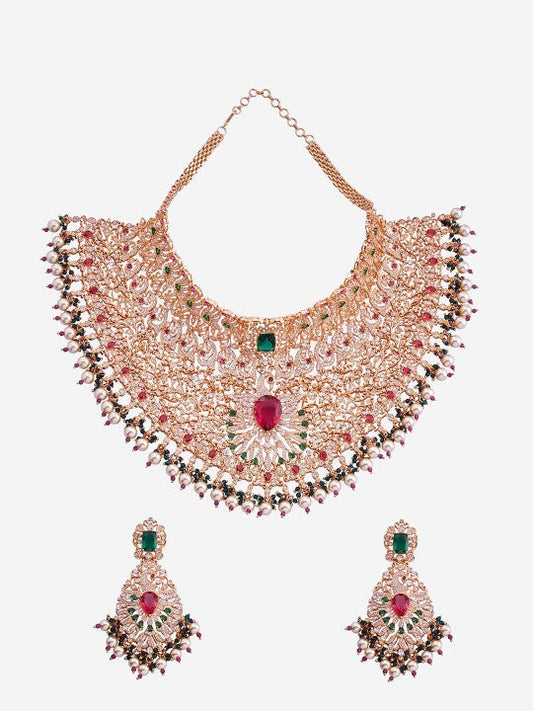 Gold-Plated Zircon Studded & Pearl Beaded Jewellery Set-128