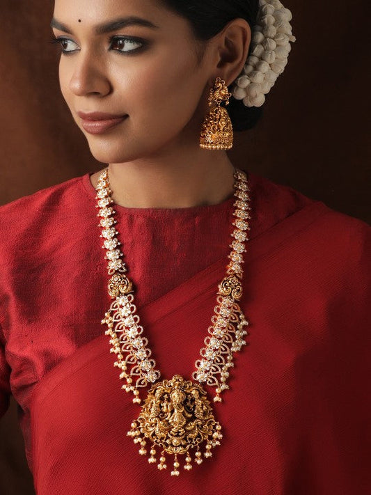 Gold-Plated Cubic Zirconia Studded & Beaded Temple Necklace With Earrings