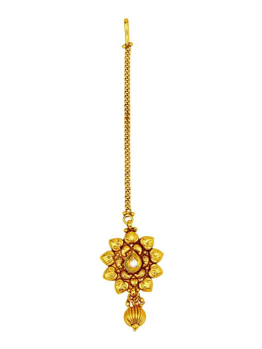 Gold-Plated Kundan-Studded Necklace & Earrings With Maang Tika