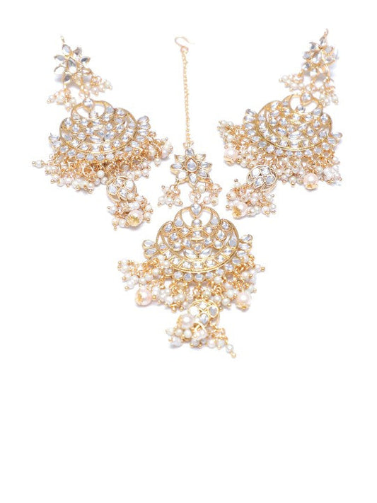Gold-Plated White Kundan Studded & Beaded Handcrafted Jewellery