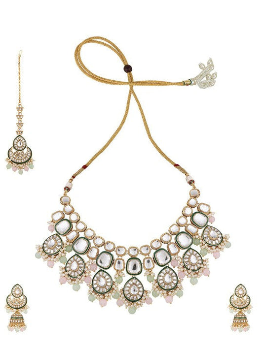 Gold-Plated Sea Green Kundan Stone-Studded Choker Necklace Set