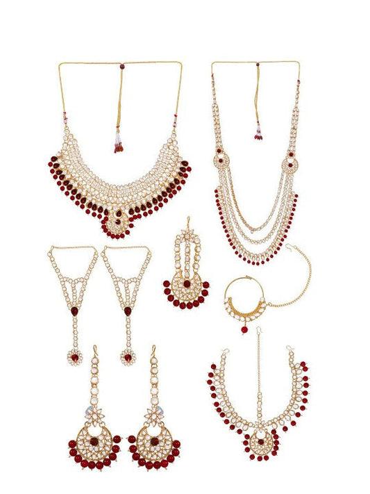 Gold Plated Maroon & White Kundan Studded Jewellery Set