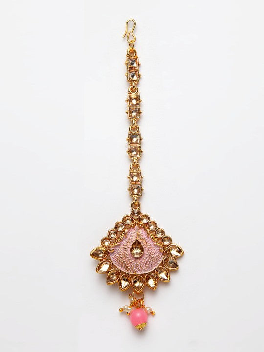 Gold-Plated Beige & Pink Kundan-Studded Enamelled Bridal Look Choker Jewellery Set