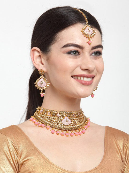 Gold-Plated Beige & Pink Kundan-Studded Enamelled Bridal Look Choker Jewellery Set