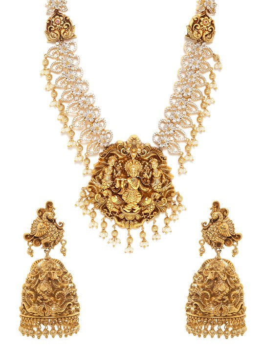 Gold-Plated Cubic Zirconia Studded & Beaded Temple Necklace With Earrings