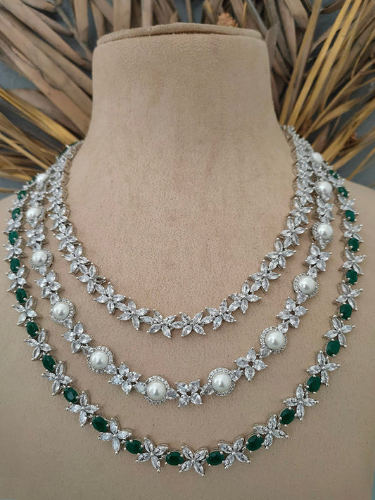 Green Color Silver Plated Faux Diamond Korean Crystals Necklace Set