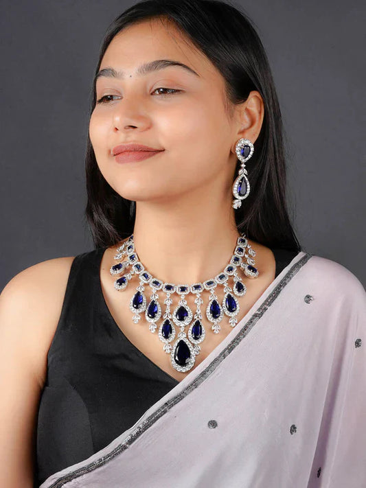 Blue Color Silver Plated Faux Diamond Necklace Set-2