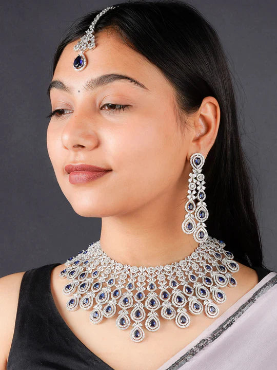 Blue Color Silver Plated Faux Diamond Necklace Set