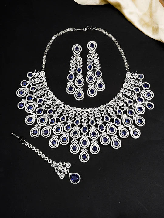 Blue Color Silver Plated Faux Diamond Necklace Set