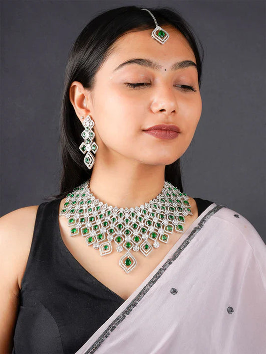 Green Color Silver Plated Faux Diamond Push Back Necklace Set