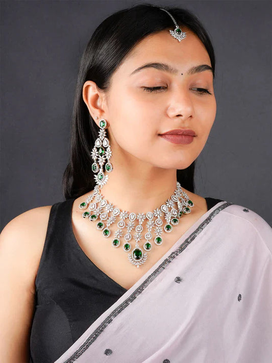 Green Color Silver Plated Faux Diamond Base Metal Necklace Set