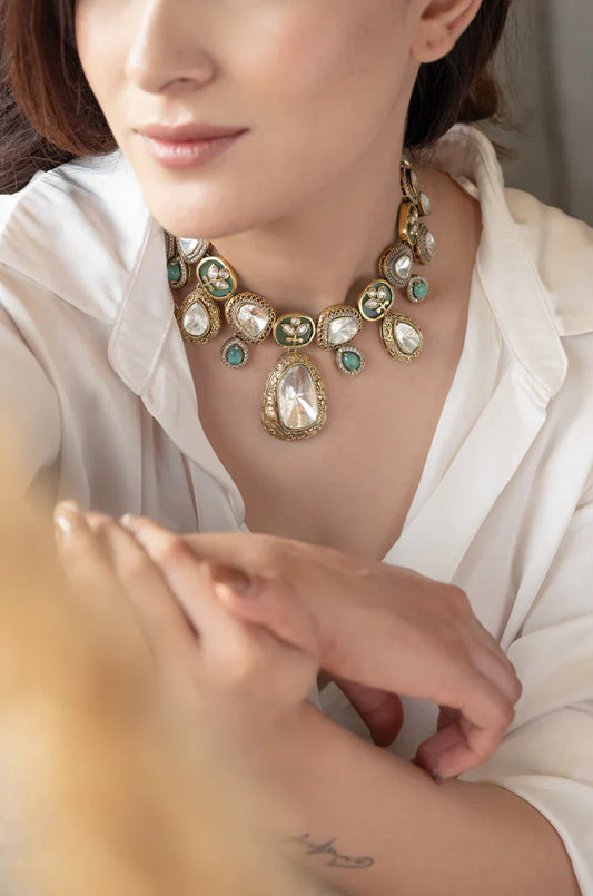 Mahika Mint Green Polki Necklace Set