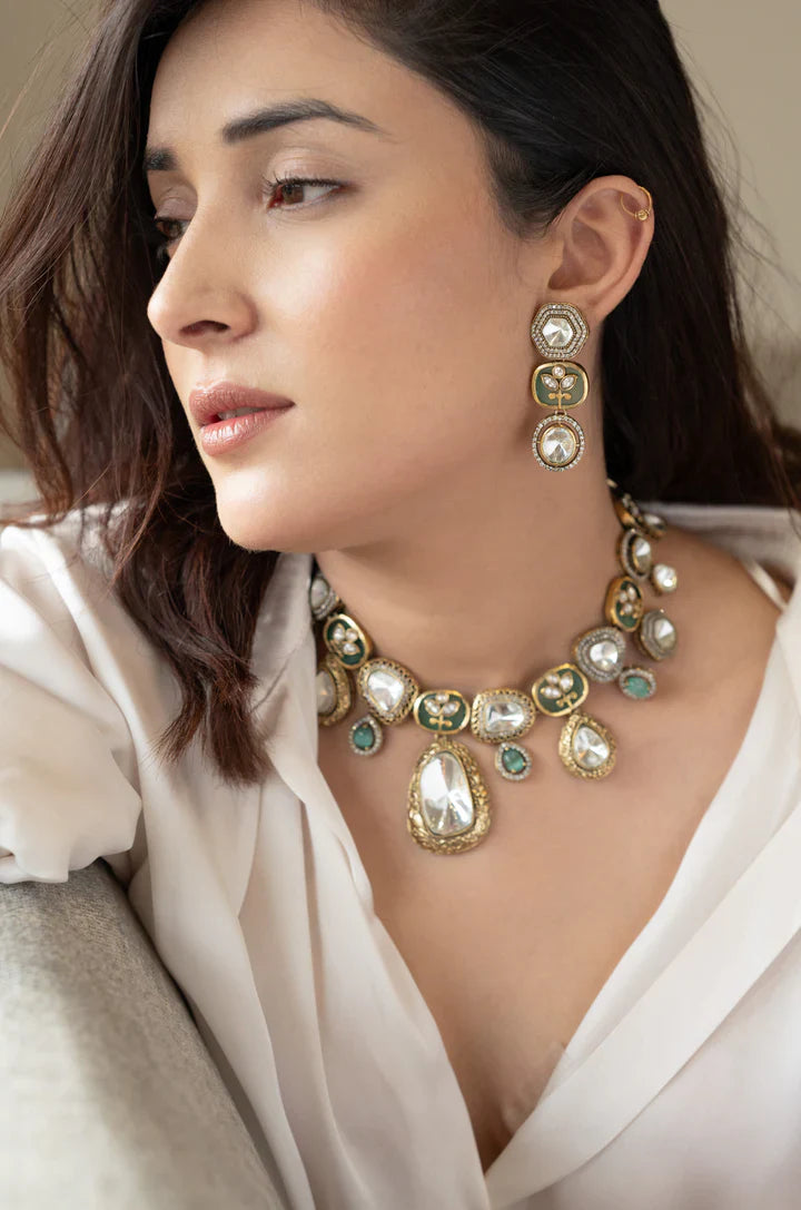 Mahika Mint Green Polki Necklace Set