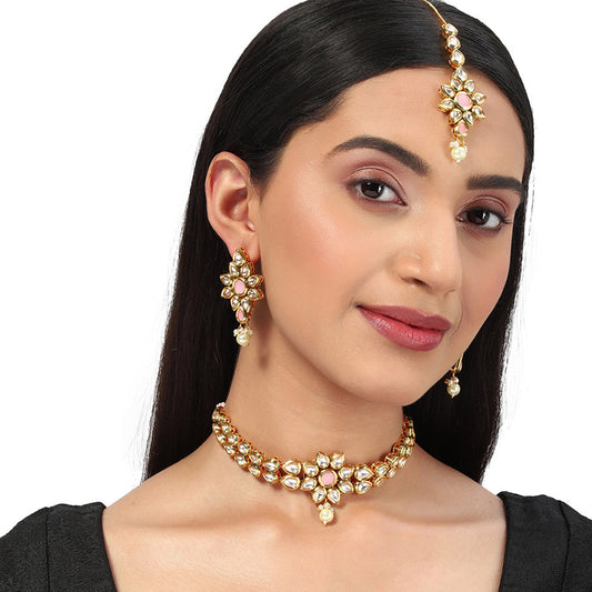 Kundan Gold Plated Blush Sudded Stones Necklace Set