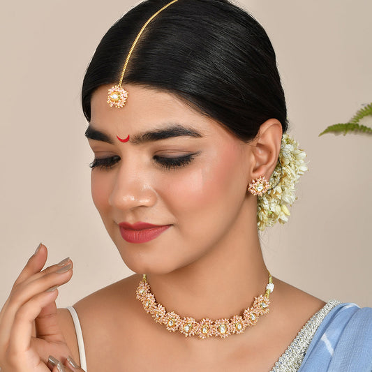 Veerangana Pink Pearls and Kundan Studded Maang Tika Set