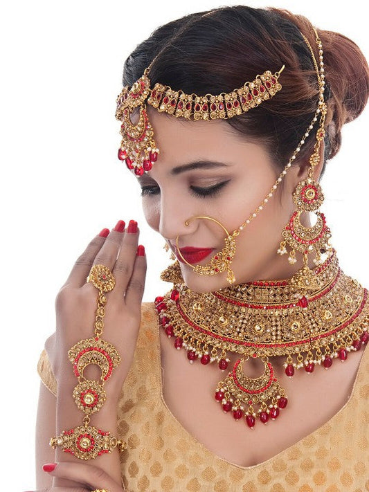 Gold-Plated & Red Pearl Beaded Handcrafted Bridal Jewellery Set