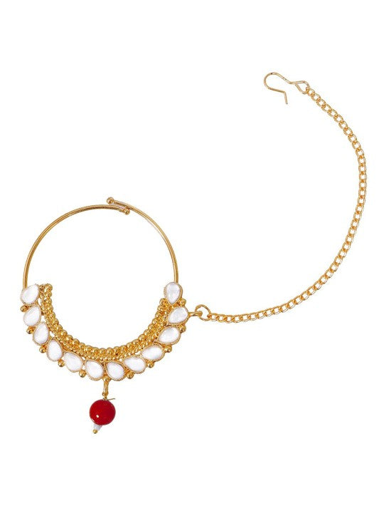 Gold Plated Maroon & White Kundan Studded Jewellery Set