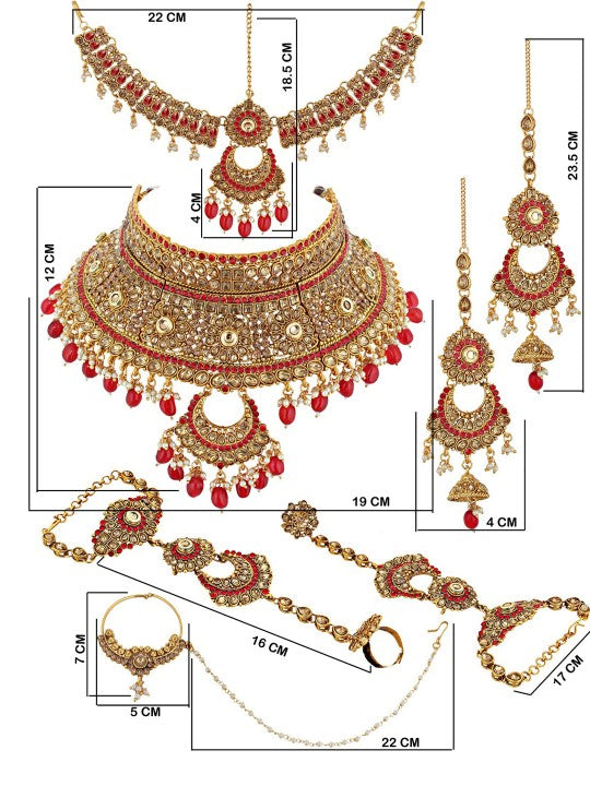 Gold-Plated & Red Pearl Beaded Handcrafted Bridal Jewellery Set