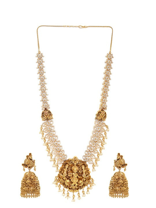 Gold-Plated Cubic Zirconia Studded & Beaded Temple Necklace With Earrings