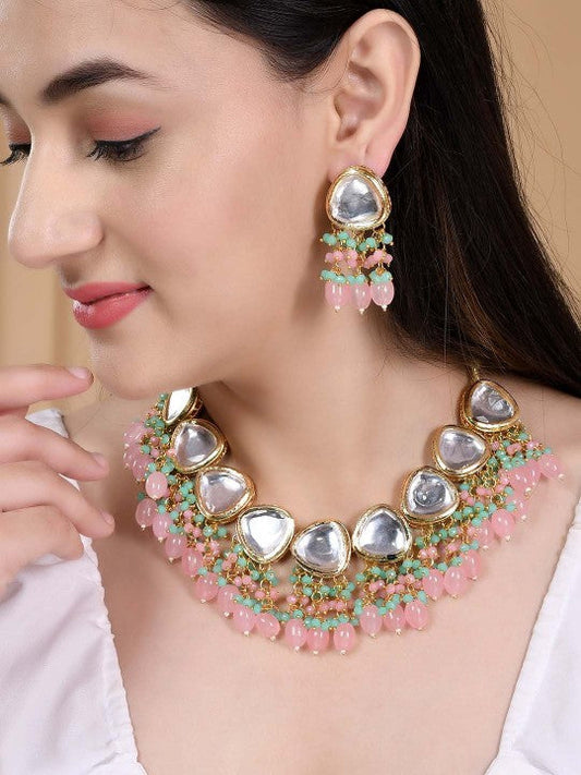 Gold-Plated Kundan Studded & Beaded Necklace With Earrings