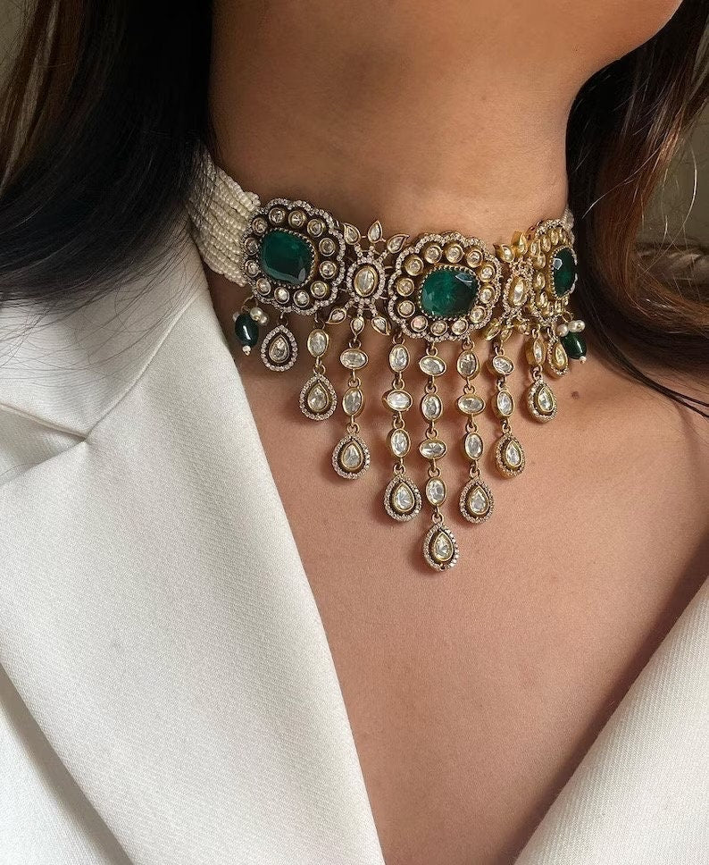 Emerald Green Victorian Style Uncut Polki Choker Set,indian Bridal Jewelry