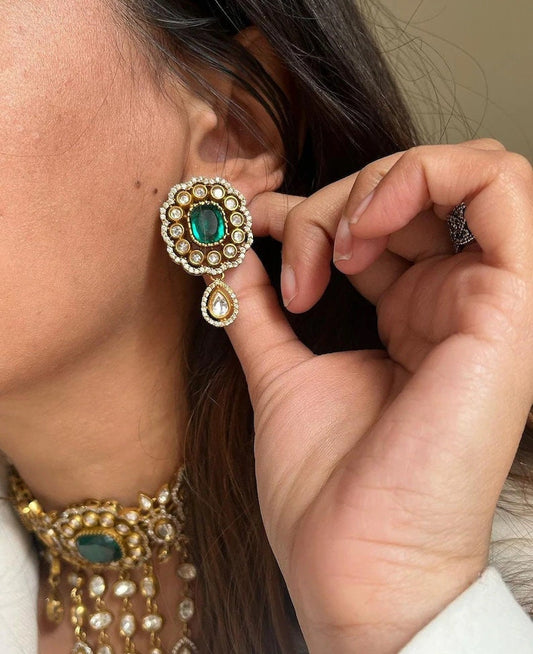 Emerald Green Victorian Style Uncut Polki Choker Set,indian Bridal Jewelry