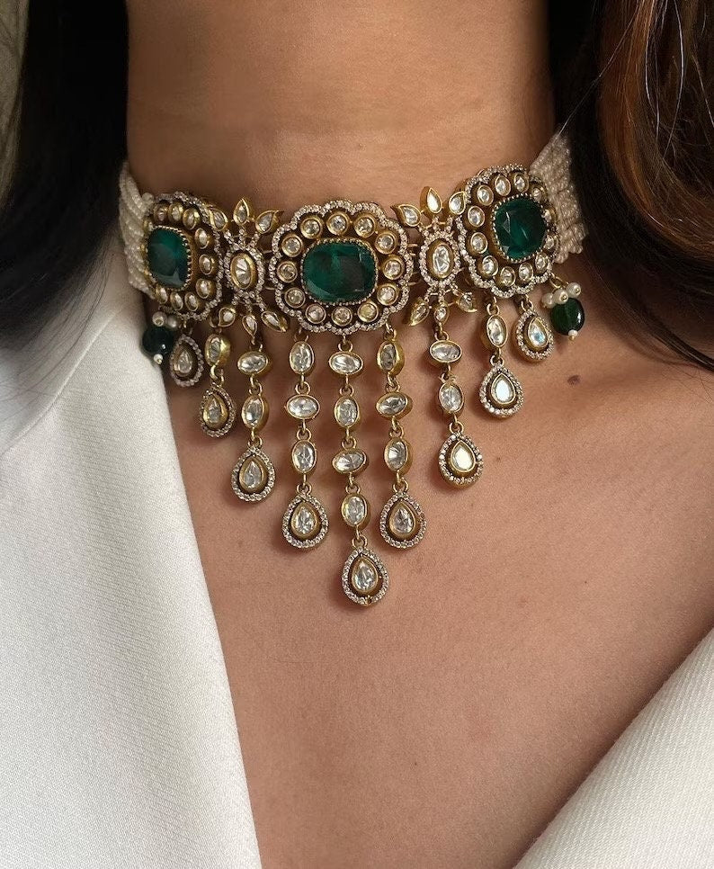 Emerald Green Victorian Style Uncut Polki Choker Set,indian Bridal Jewelry
