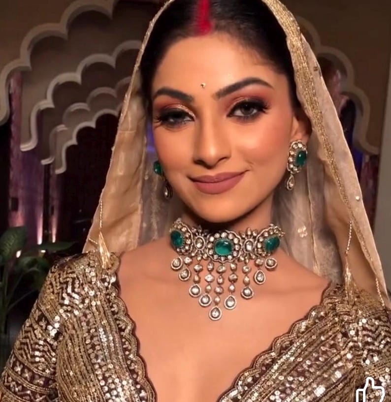 Emerald Green Victorian Style Uncut Polki Choker Set,indian Bridal Jewelry