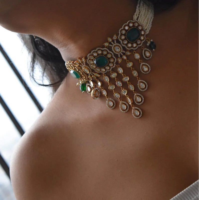 Emerald Green Victorian Style Uncut Polki Choker Set,indian Bridal Jewelry