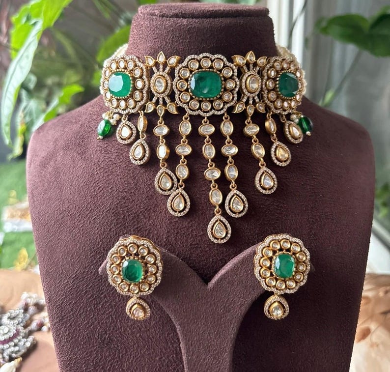 Emerald Green Victorian Style Uncut Polki Choker Set,indian Bridal Jewelry