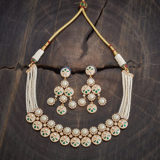Kundan Polki Necklace Color White Meena Polish Ivory-Green