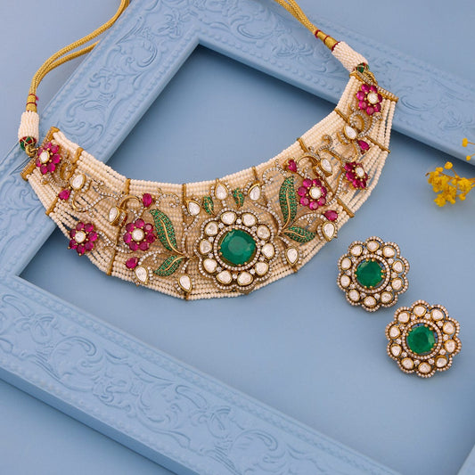 Kundan Polki Necklace Color Ruby-Green Polish Victorian