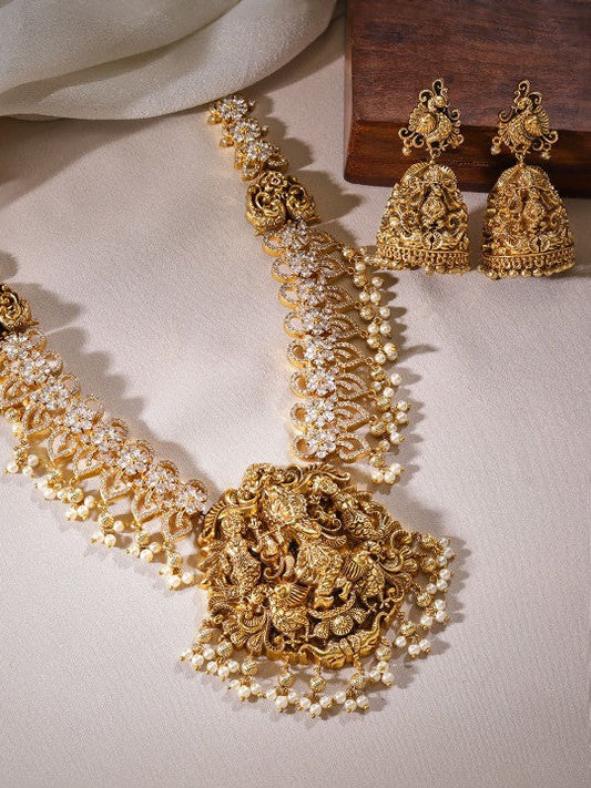 Gold-Plated Cubic Zirconia Studded & Beaded Temple Necklace With Earrings