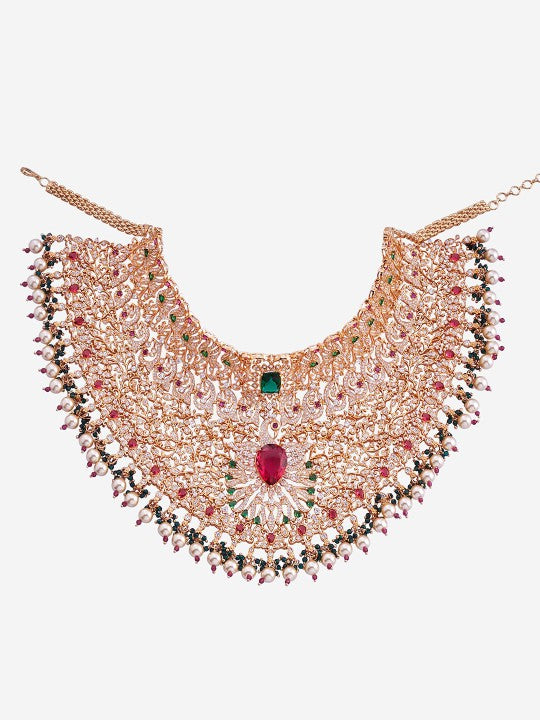 Gold-Plated Zircon Studded & Pearl Beaded Jewellery Set-128