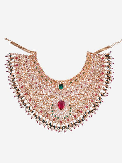 Gold-Plated Zircon Studded & Pearl Beaded Jewellery Set-128