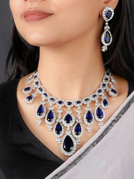 Blue Color Silver Plated Faux Diamond Necklace Set-2