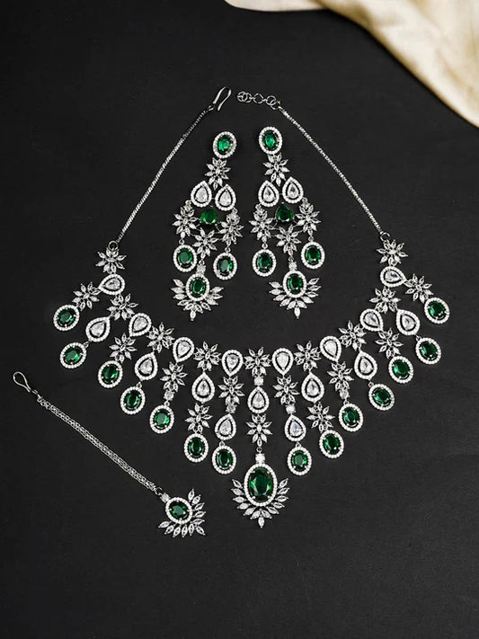 Green Color Silver Plated Faux Diamond Base Metal Necklace Set