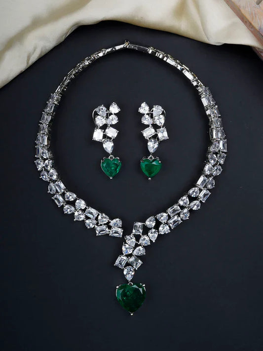 Green Color Silver Plated Faux Diamond Necklace  Push Back Set