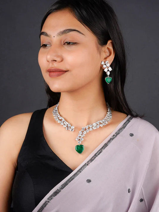 Green Color Silver Plated Faux Diamond Necklace  Push Back Set