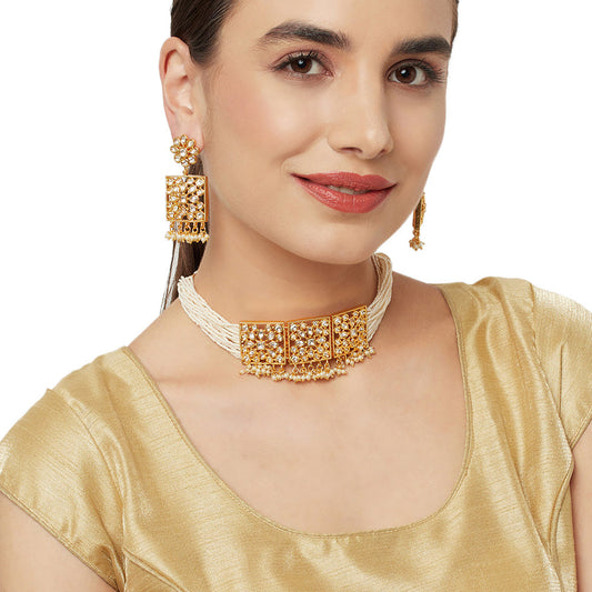 Cluster Setting Faux Kundan and White Pearls Adorned Gold Plated Brass Jewellery Set