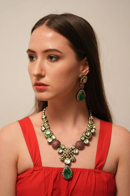 Polki Meenakari Set  Long Earrings  Maangtika