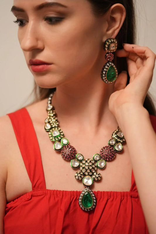 Polki Meenakari Set  Long Earrings  Maangtika