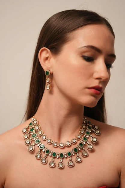 Polki 2 Layer Necklace Set  Emerald