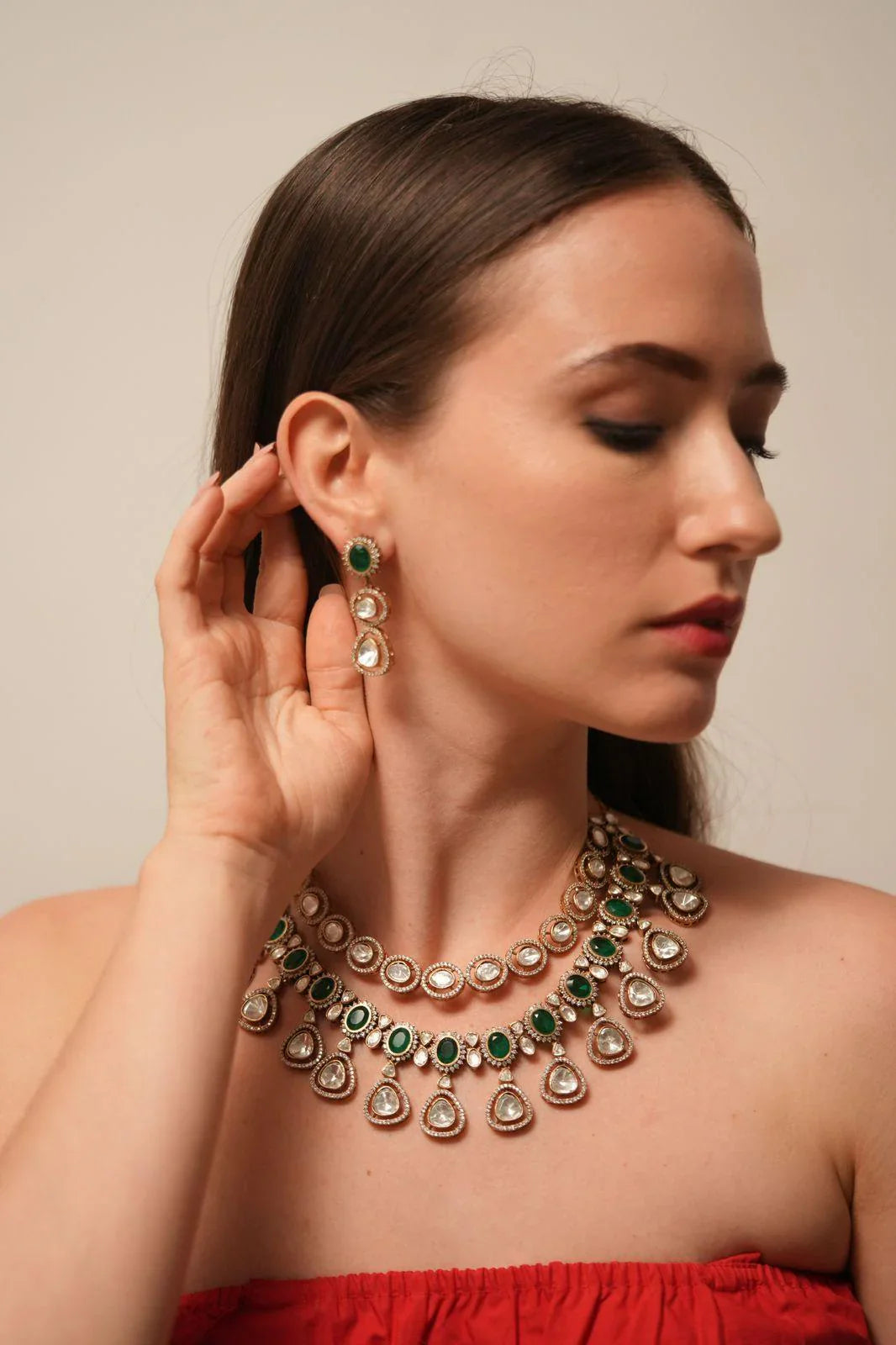 Polki 2 Layer Necklace Set  Emerald