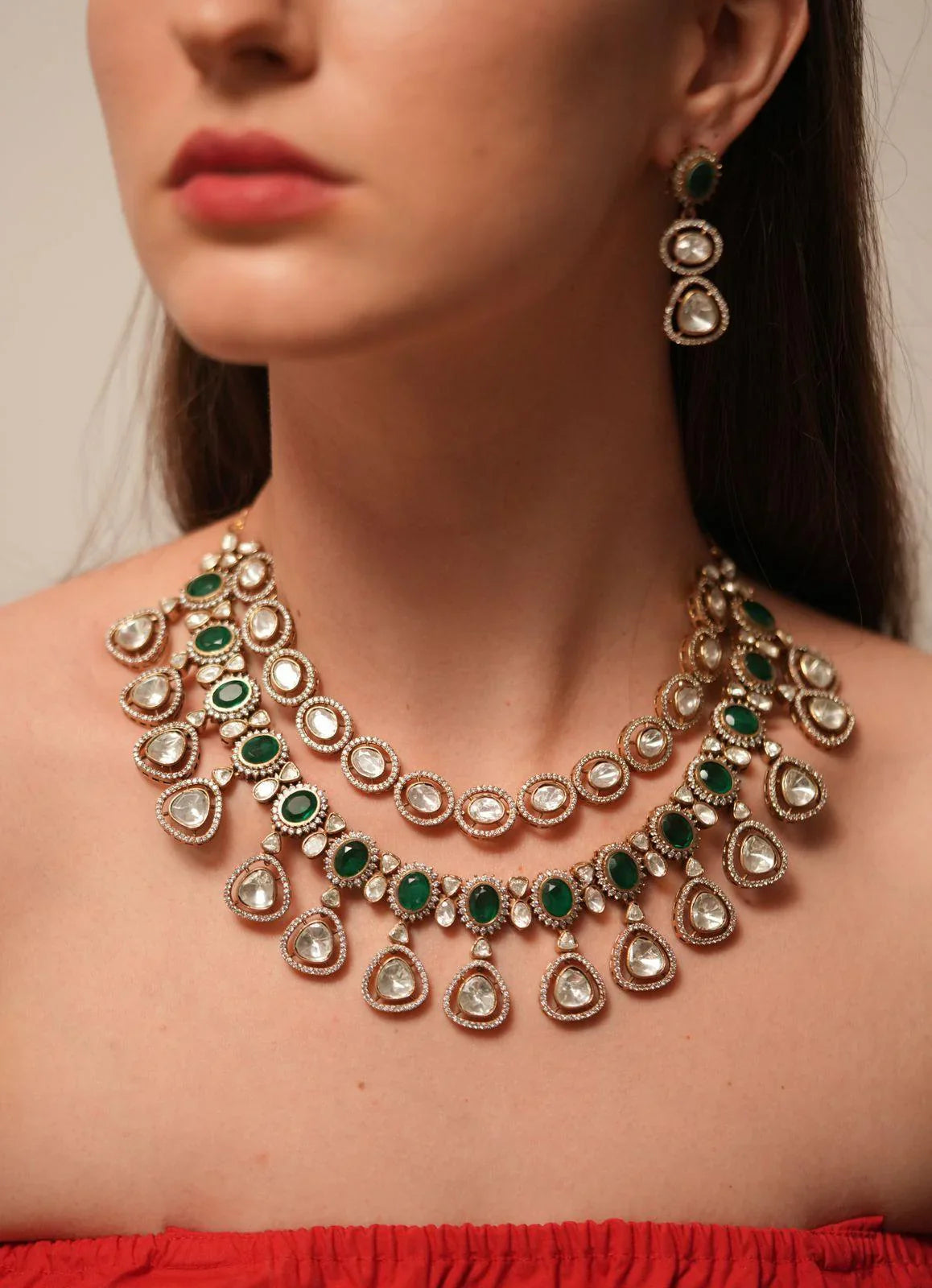 Polki 2 Layer Necklace Set  Emerald