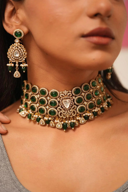 Polki And Emerald Choker Set  Antique Gold