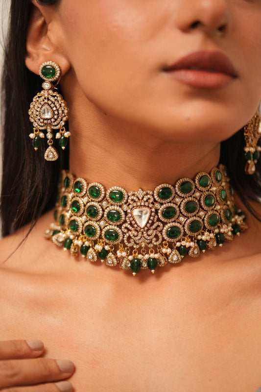 Polki And Emerald Choker Set  Antique Gold