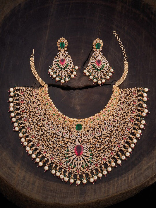 Gold-Plated Zircon Studded & Pearl Beaded Jewellery Set-128