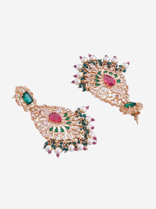 Gold-Plated Zircon Studded & Pearl Beaded Jewellery Set-128